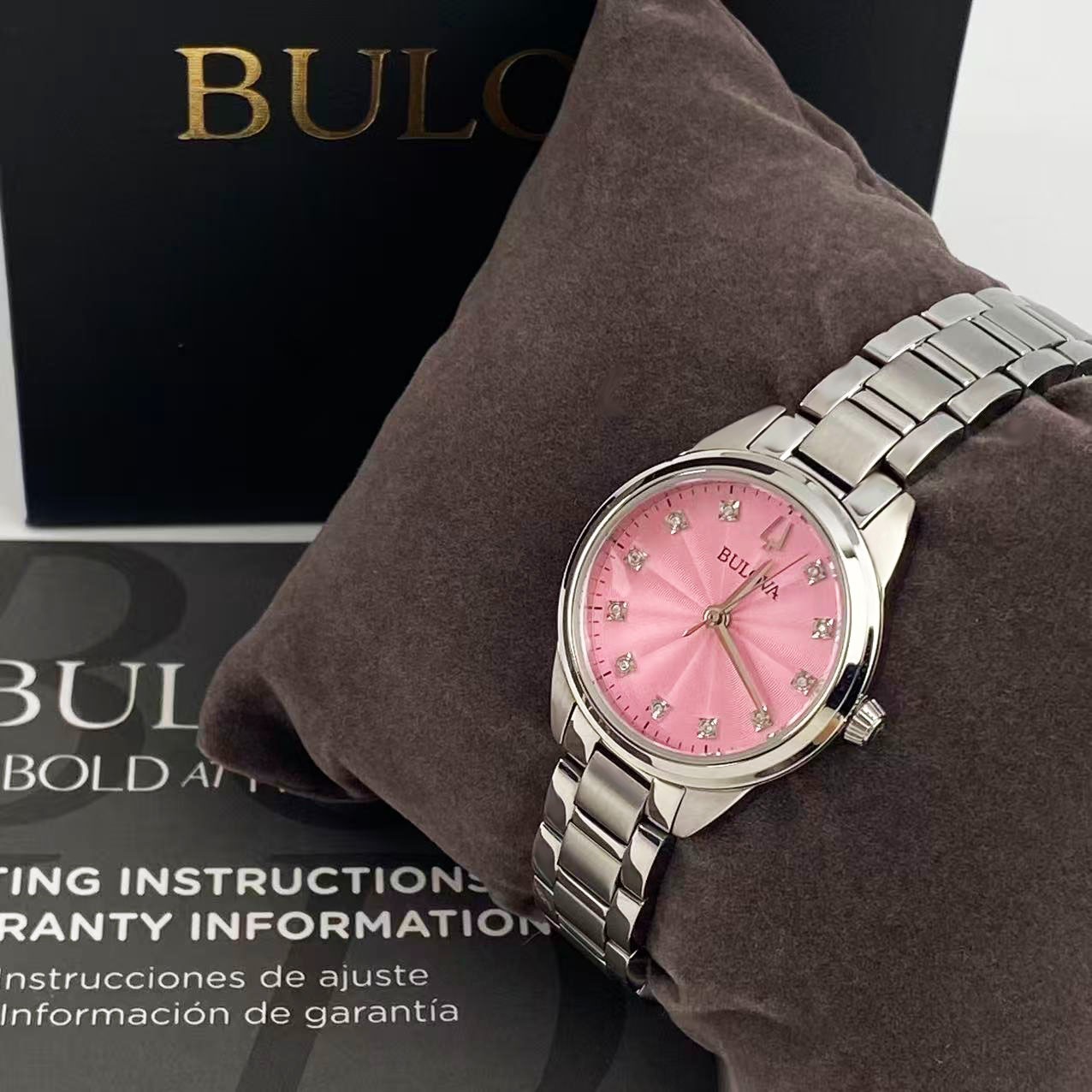 Bulova Sutton Diamond Pink Dial Stainless Steel Women’s Quartz Watch 96P249 28mm