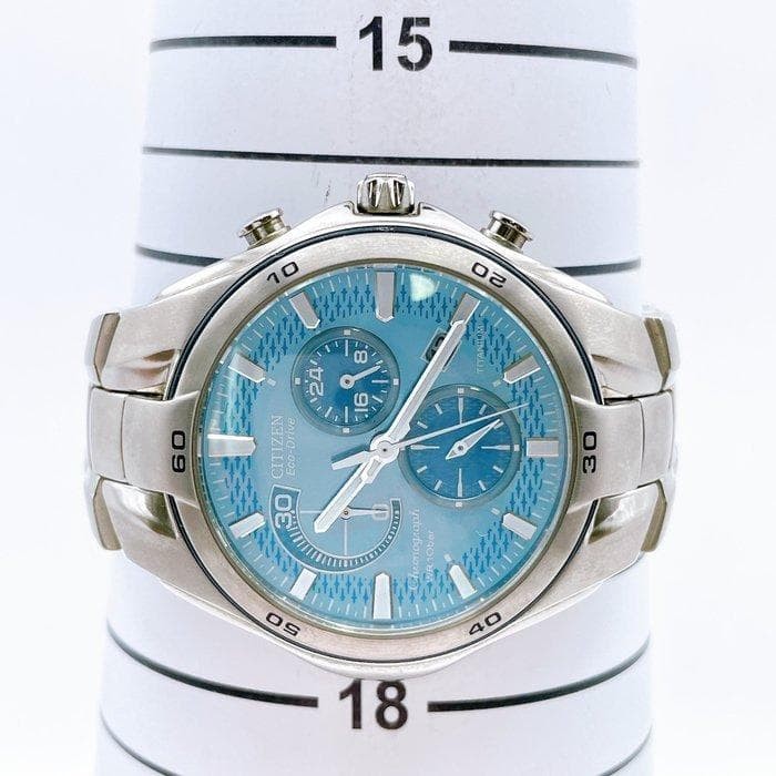 Working condition Citizen wristwatch, blue dial, chronograph, Eco-Drive, titaniu