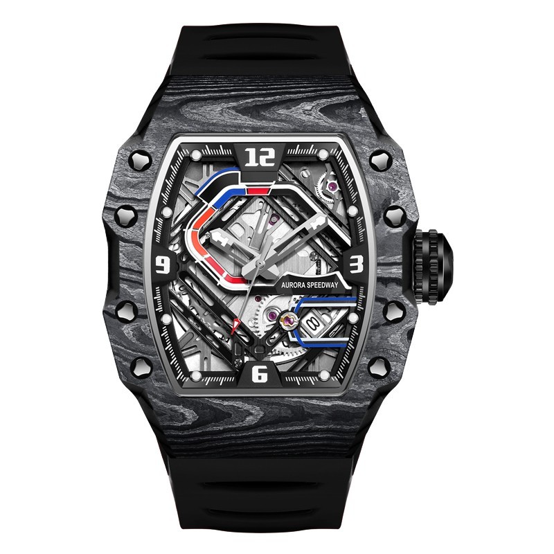 HANBORO Men Automatic Watch Tonneau Mechanical Wristwatch Carbon Fiber Racetrack