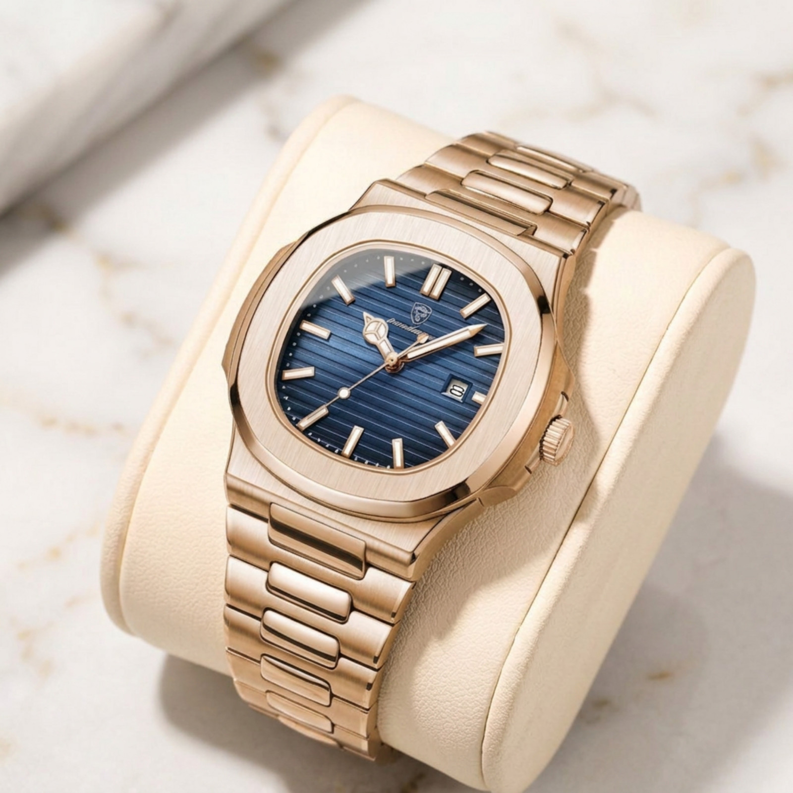 Mens Luxury Square Quartz Watch Stainless Steel Luminous Blue Dial Wristwatch