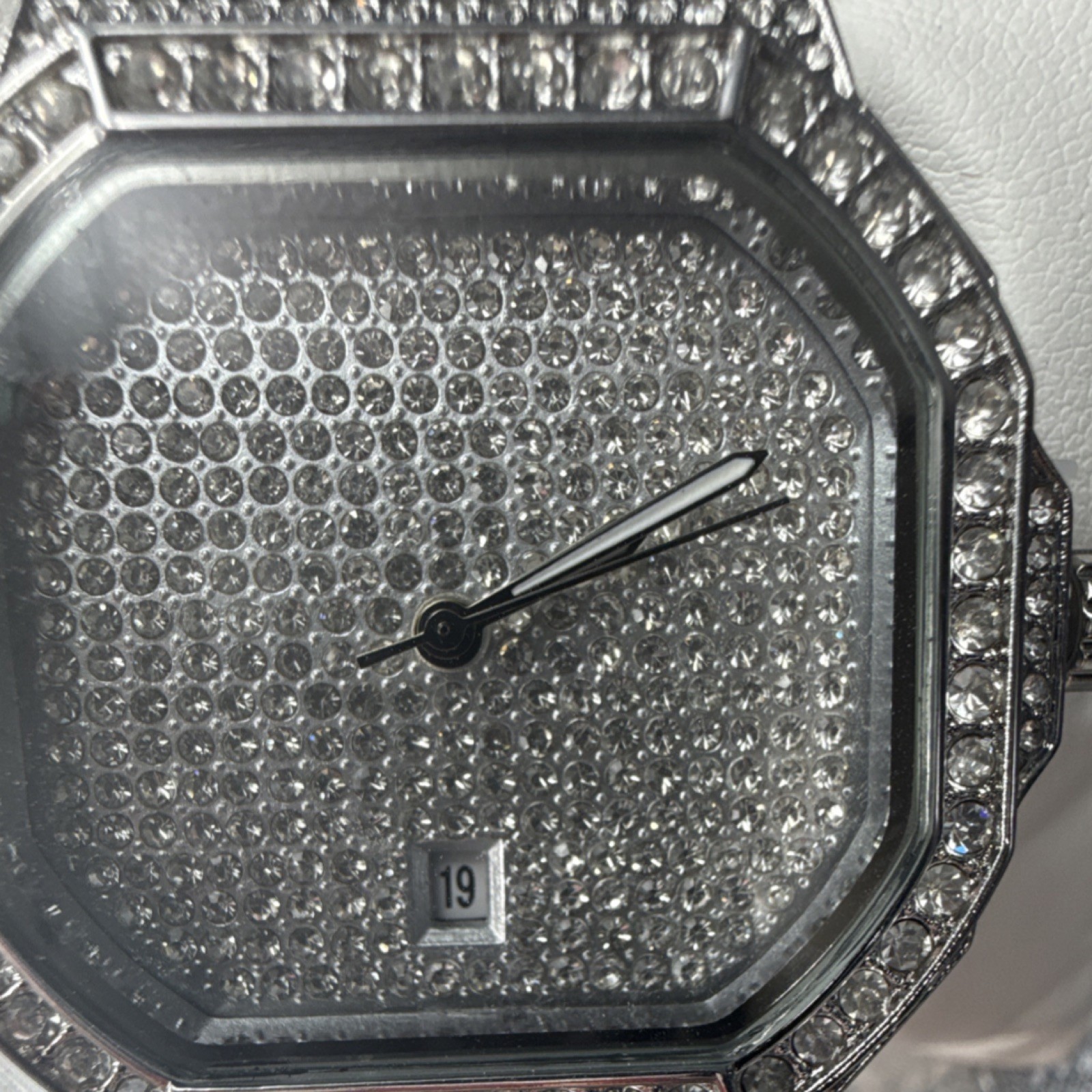 Silver Tone Mechanical Wristwatch Octagon Gem-Set Bezel Date SS Bracelet Box