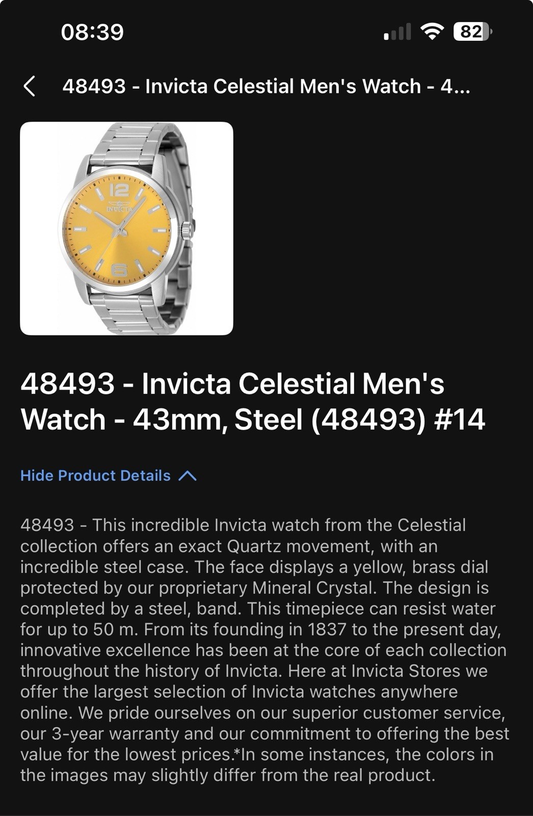 NIB Invicta Celestial 48493 Men’s Watch 43mm Steel Yellow Dial – RARE DIAL