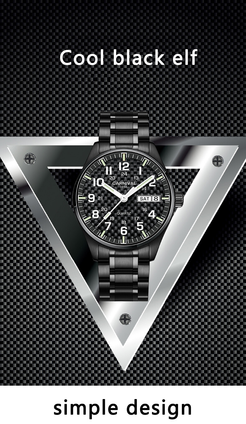 CARNIVAL Luxury Men’s Quartz Watch Luminous 3Bar Waterproof Stainless Steel