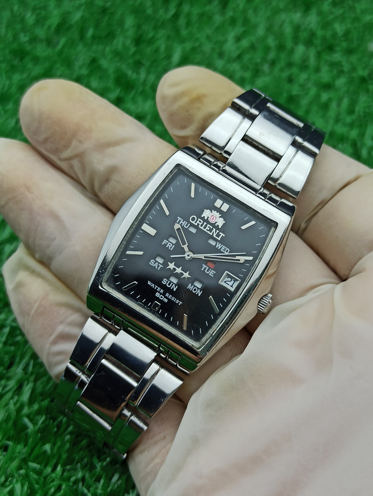 RARE Vintage Orient 3 Star Automatic Multi-Eye Day Date Rectangular Men’s Watch