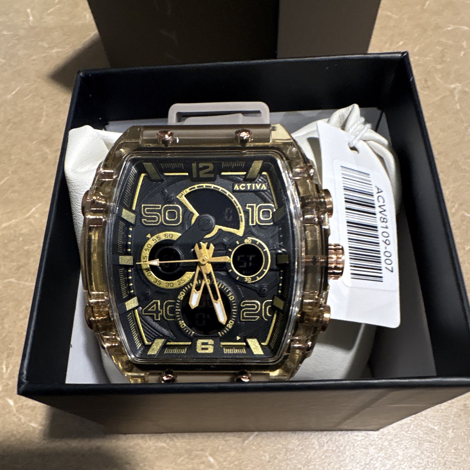 Activa Quartz Analog-Digital 50m Gray Silicone Strap Black/Gold Dial Boxed