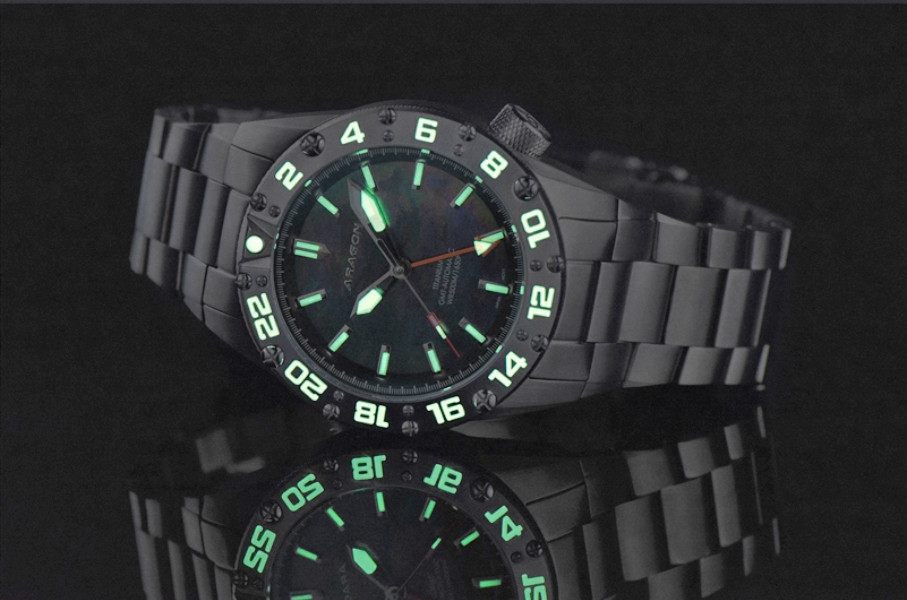 NEW! Aragon Enforcer True GMT Titanium Black MOP Dial 44mm Watch A702BLK