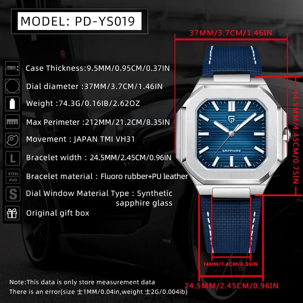 Stylish Octagonal Watch, Sapphire Glass, Silver Case, Navy Leather Band, 37mm