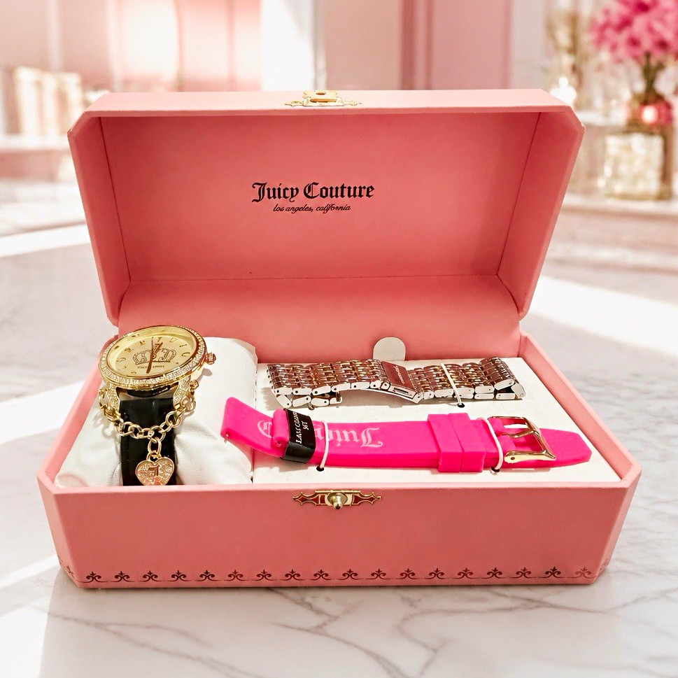 Juicy Couture Women’s Gold Tone Watch Gift Set Pink Silicone Band Extra Bracelet