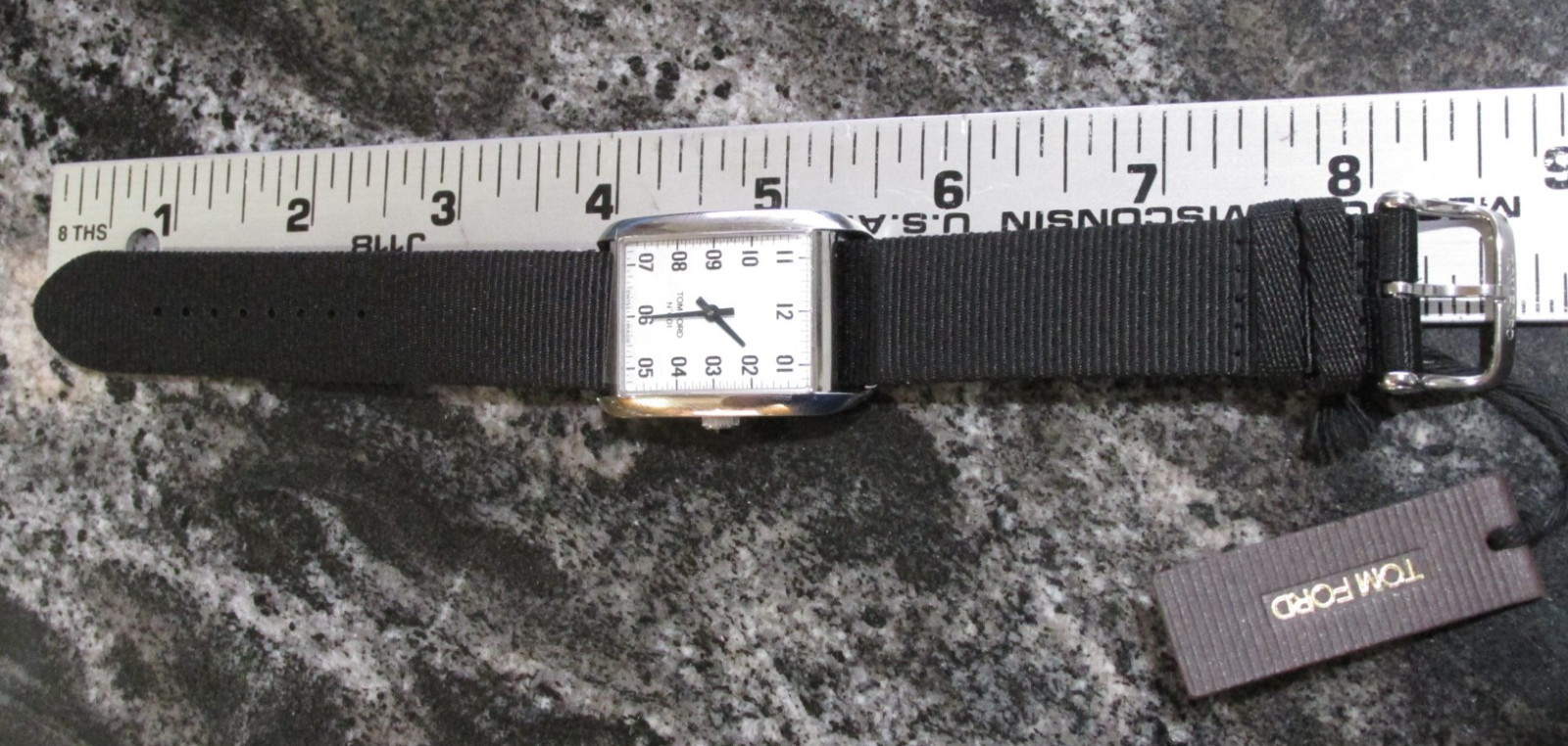 Tom Ford Men’s Rectangular Analog Wristwatch Silver Dial NATO Strap Box, new Bat