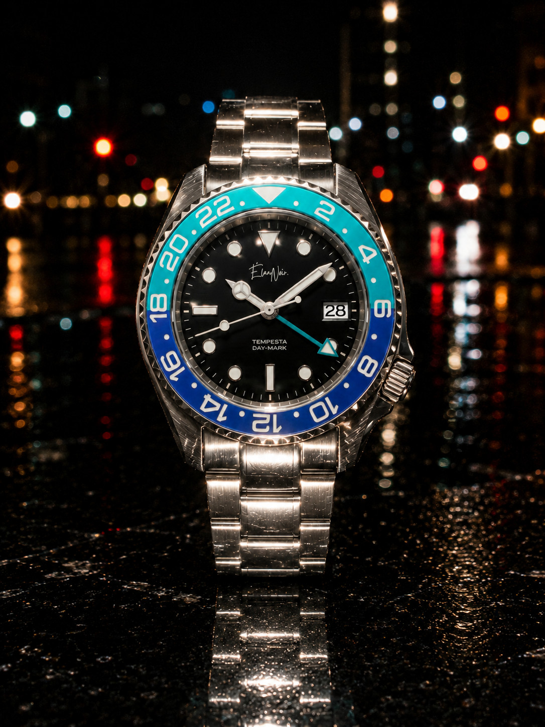Élan Noir Tempesta GMT Automatic Men’s Watch 41mm Steel Black Dial Blue Bezel