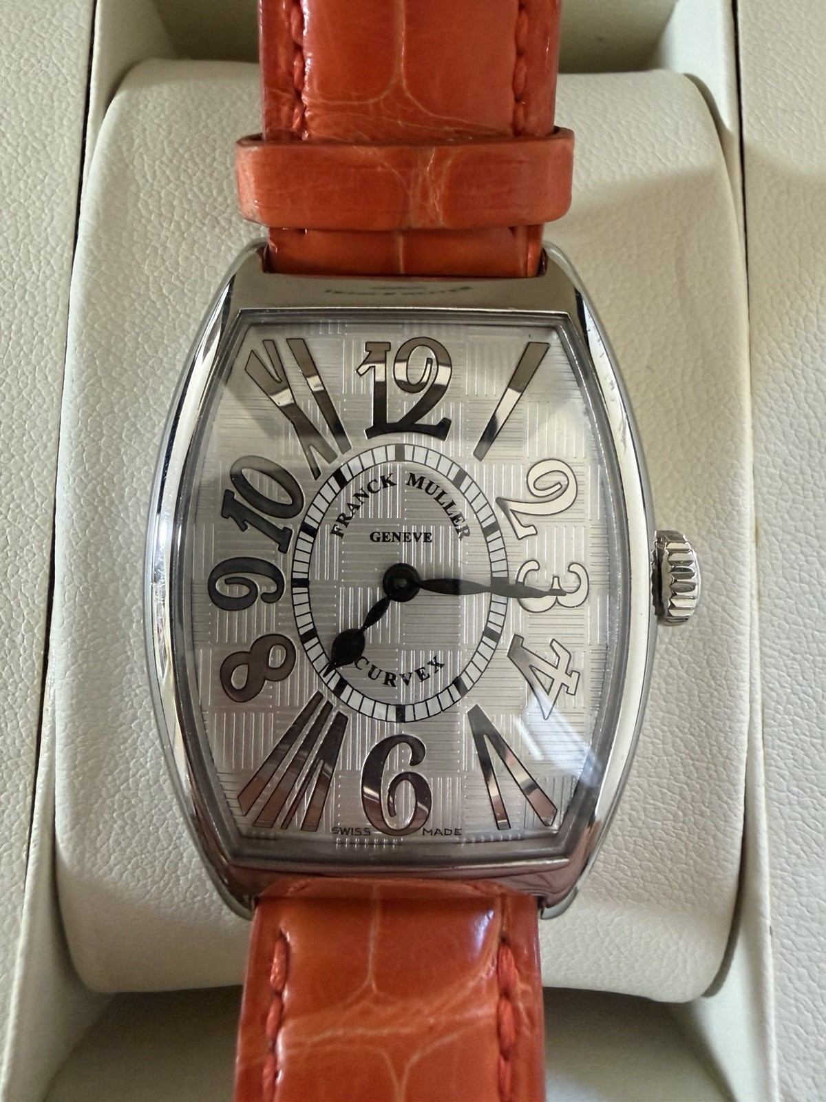 Franck Muller Relief Curvex Automatic Silver Dial Orange Leather Strap Box