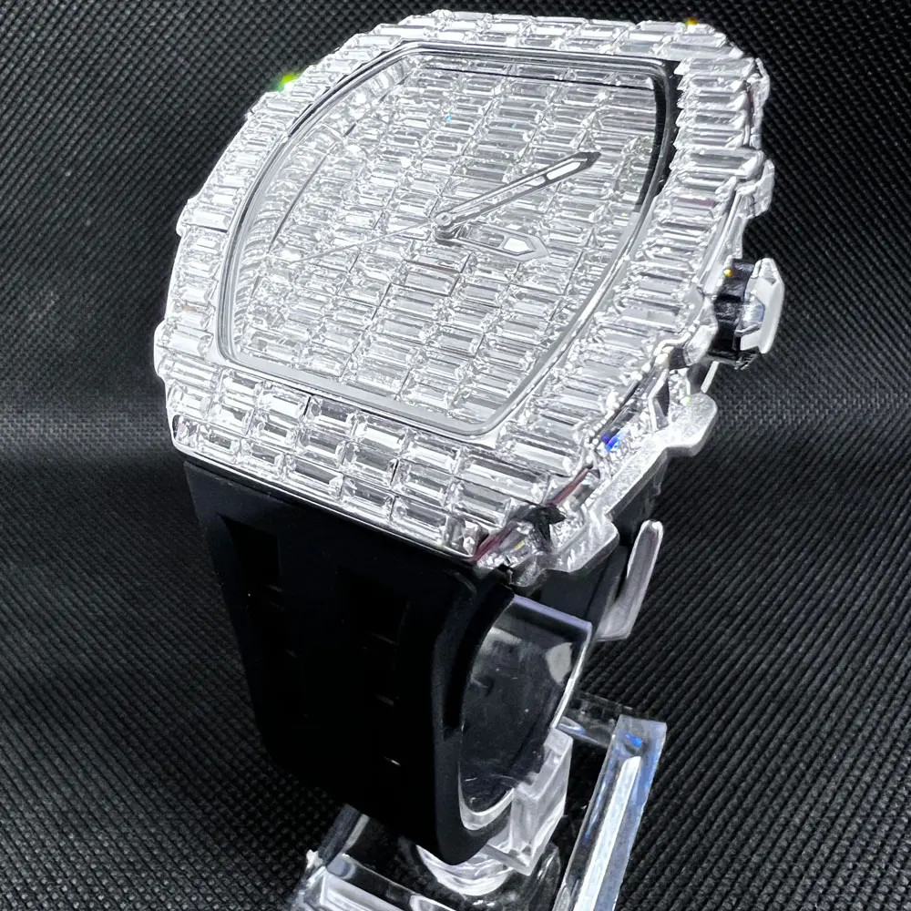 Fashion Tonneau Diamond Bling Men’s Watch Waterproof Rubber Band Gift