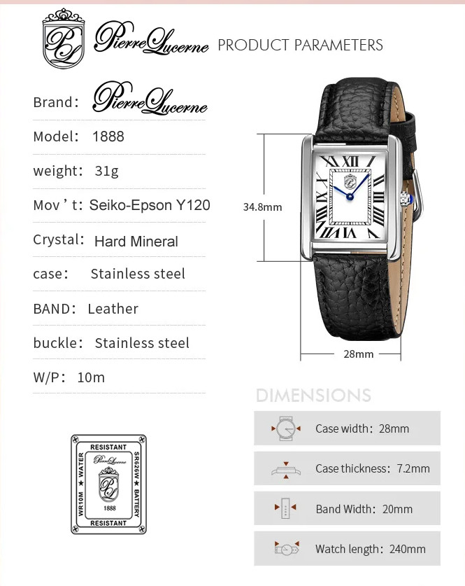 NICE Pierre Lucerne 1888 Vintage Tank Style Swiss Inspired Mens Watch Blk Band