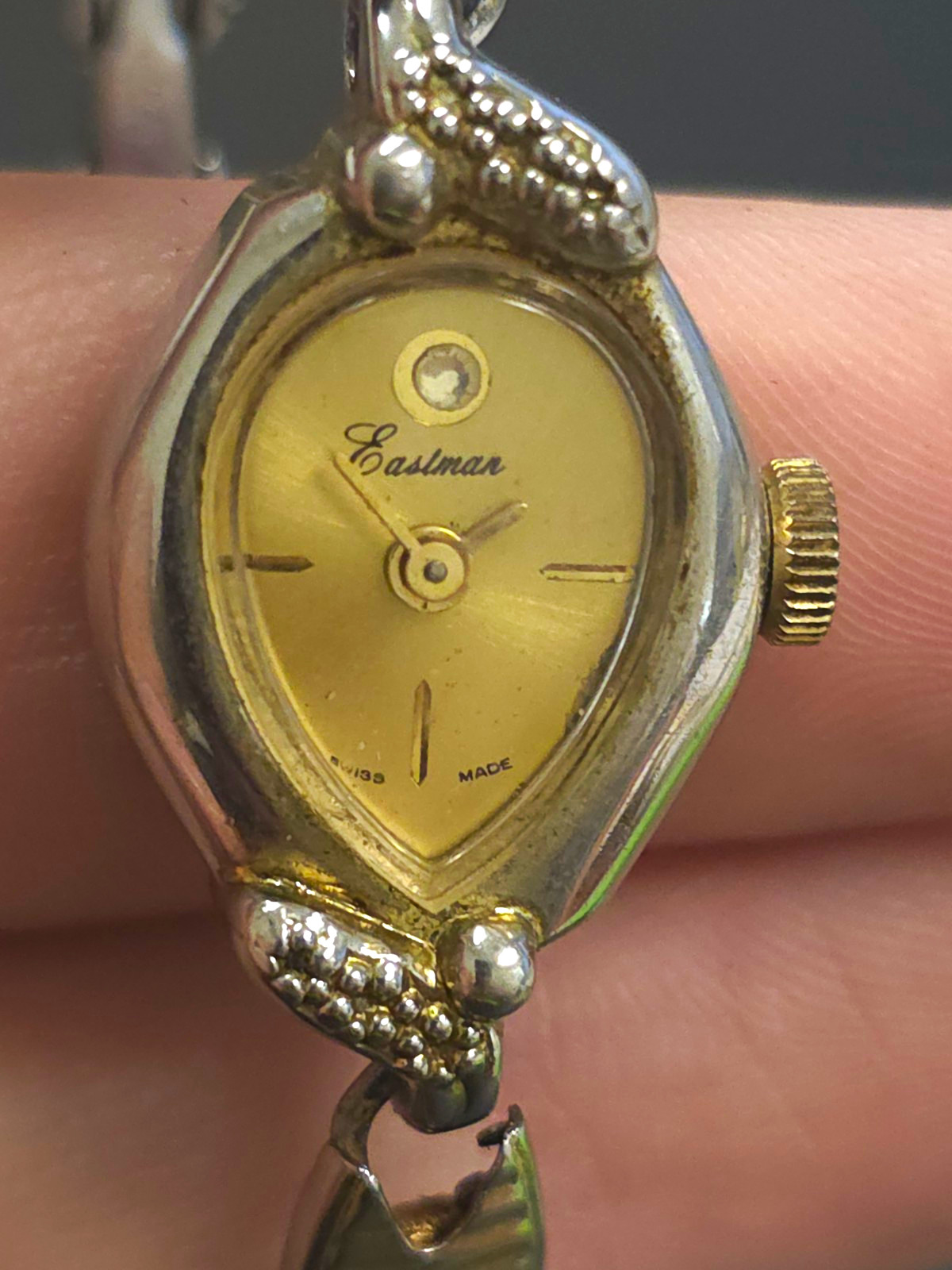 Eastman Swiss Made Women’s Manual Wind Tonneau Analog Gold Dial Silver Bracelet