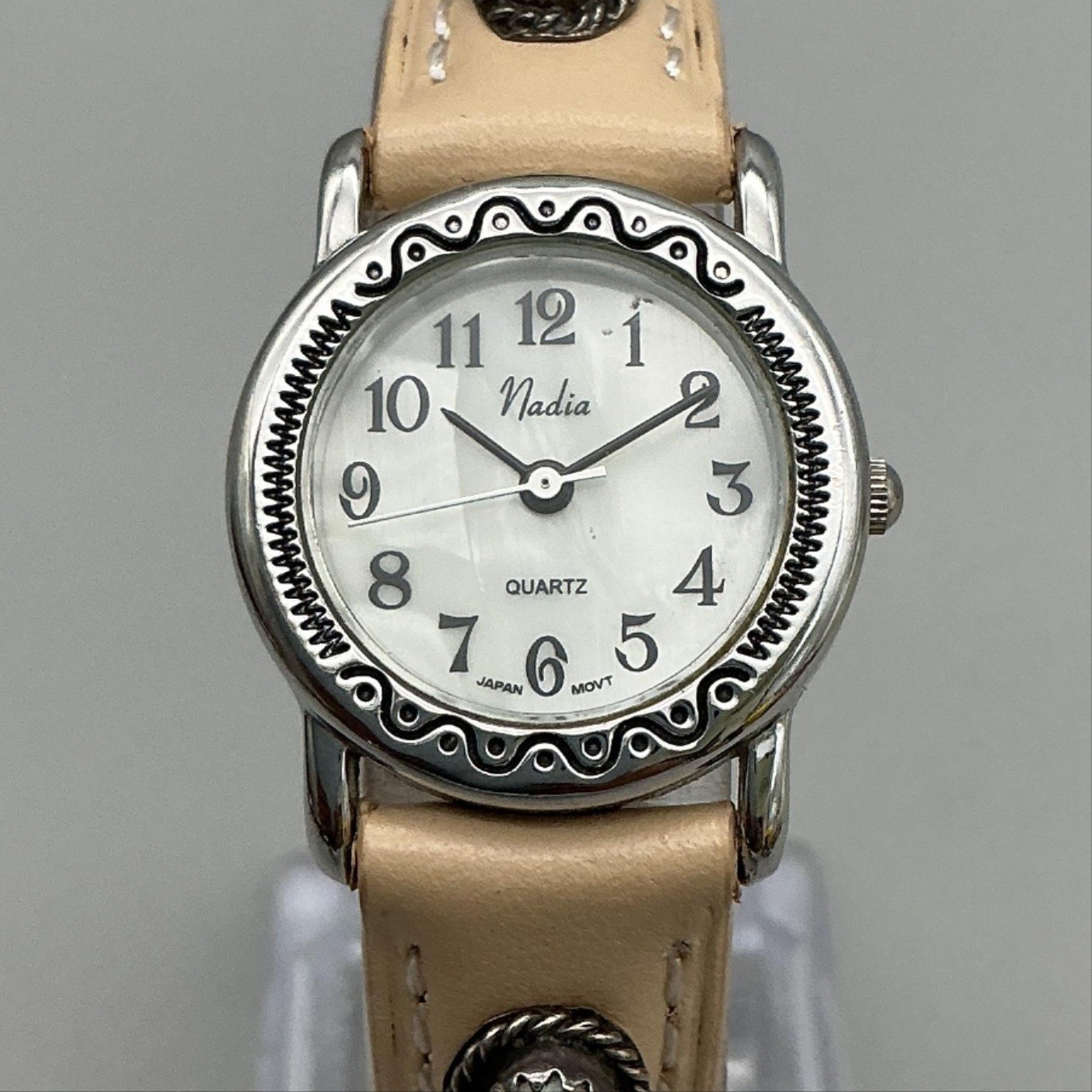 Nadia Womens Watch 24mm MOP Dial Beige Leather Band Stone Look Band New Battery