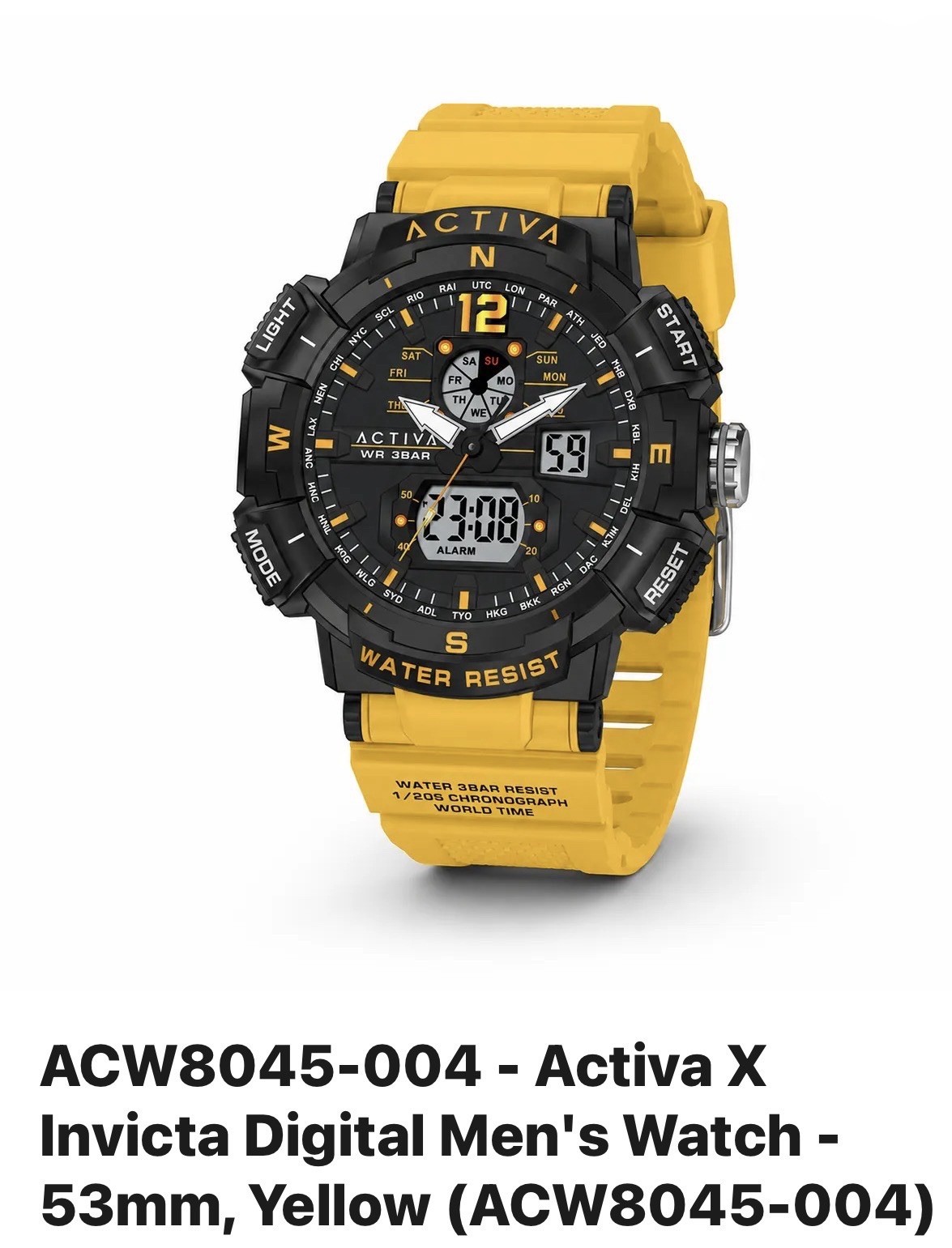Activa X Invicta ACW8045-004 Mens Digital Watch 53mm Yellow Black New