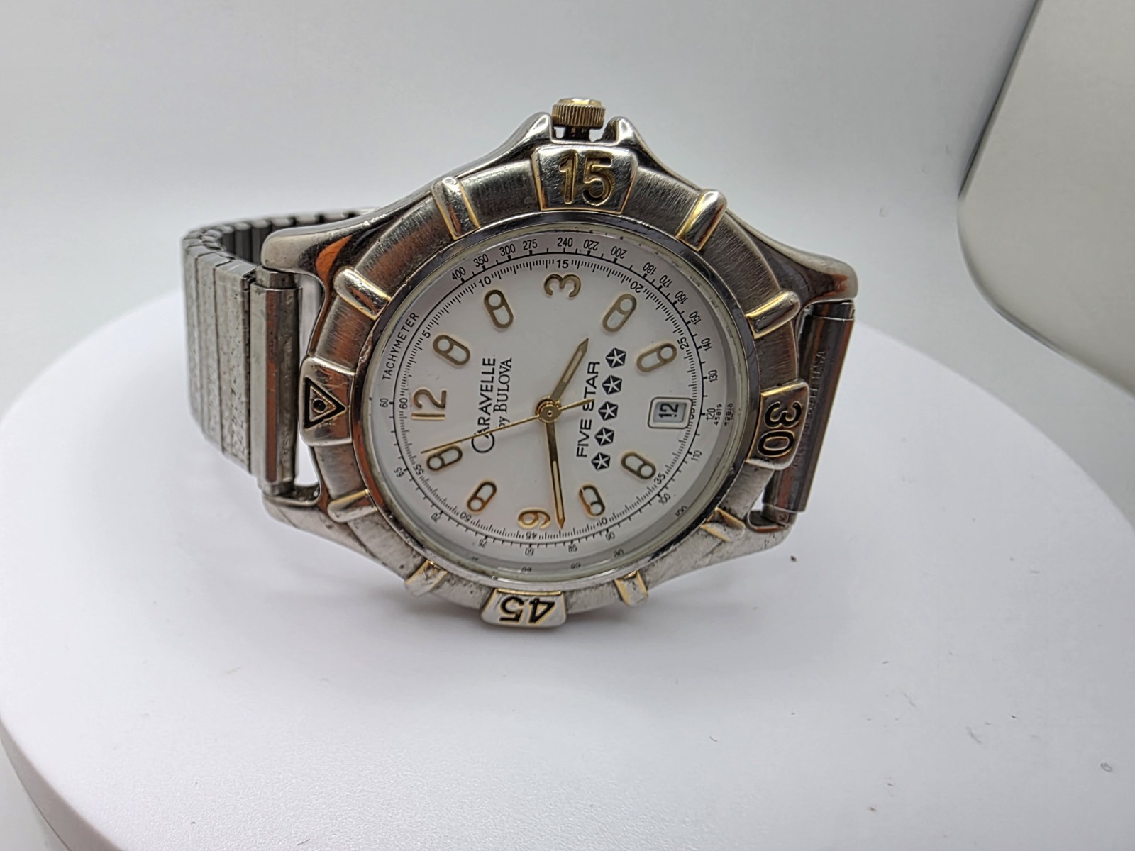 Caravelle By Bulova Men’s Five Star Watch Two Tone 38 MM White Dial Works Great