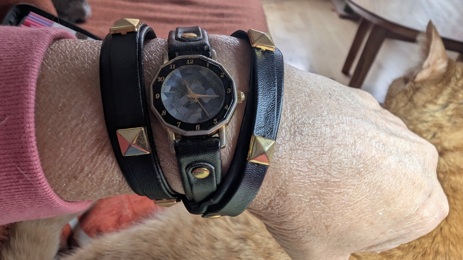 Vintage Gitano Quartz Wrap Watch Black Stud Strap Gold Tone 80s Glam Rock Style