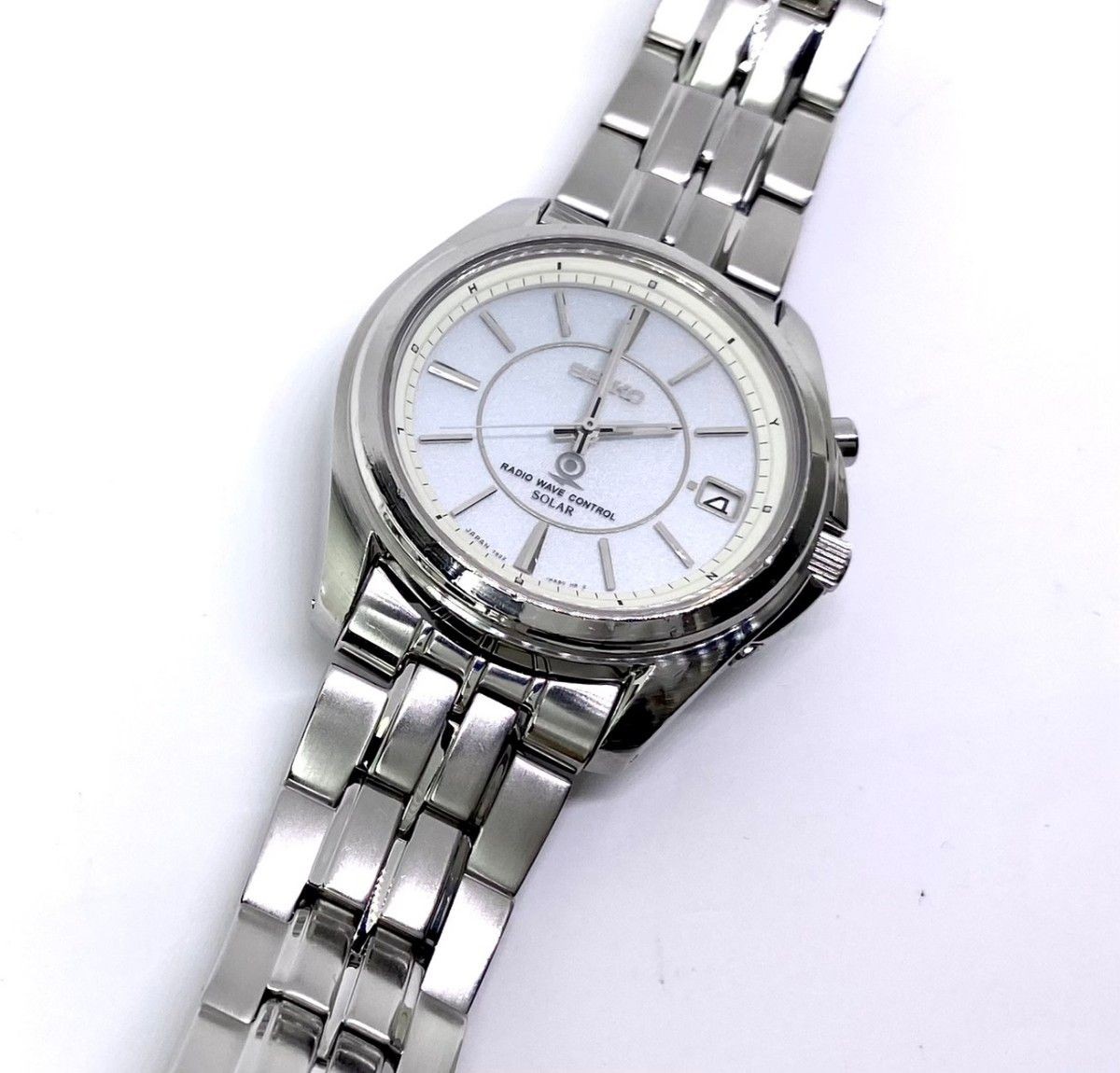 Seiko 7B22 Radio Solar Mens Watch Silver Dial Date Sapphire 10ATM Japan