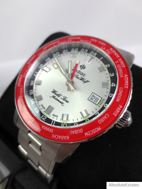 NEW Zodiac Super Sea Wolf GMT World Time Automatic Silver Red Watch ZO9410 Box