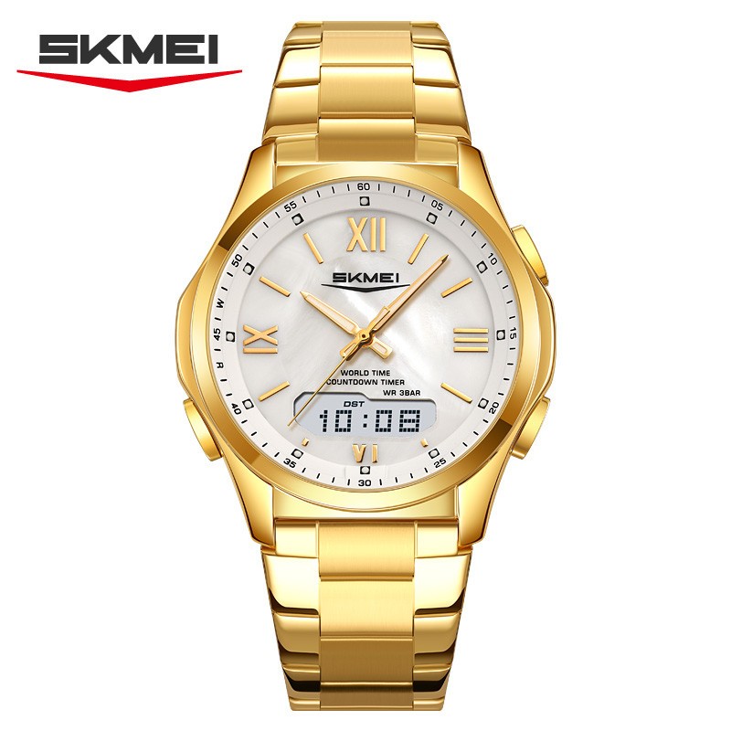 SKMEI Men Quartz Watch Roman Numeral Digital Wristwatch Male Steel LED Watches