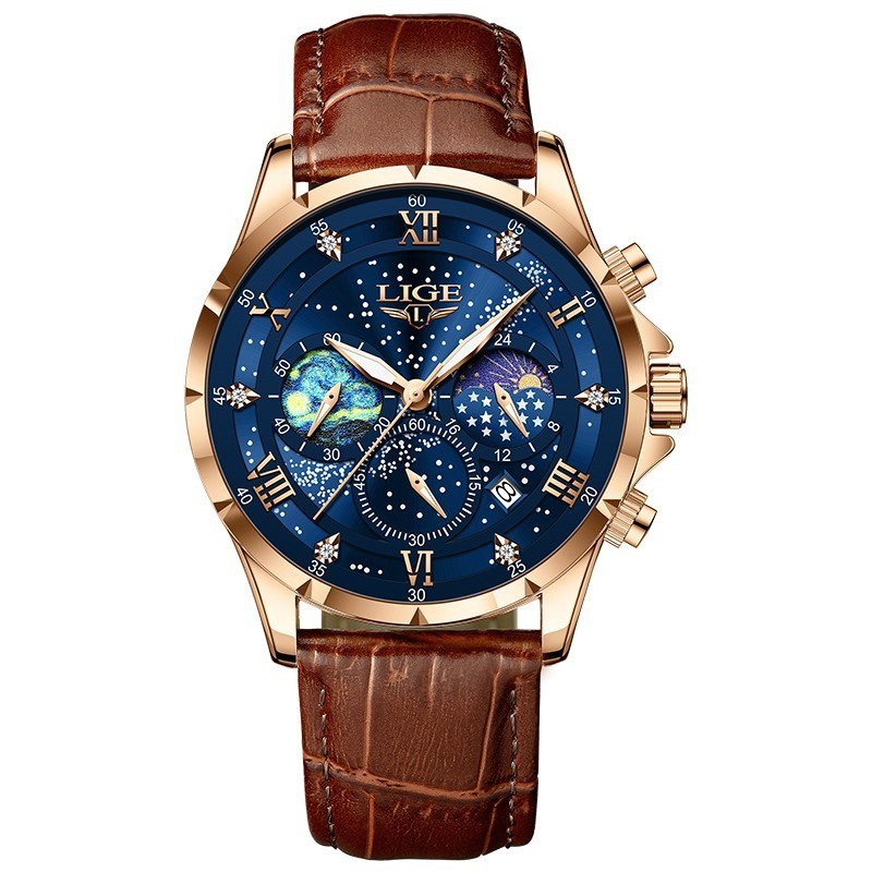 LIGE Luxury Quartz Men’s Watch Leather Strap Date Waterproof Luminous Wristwatch