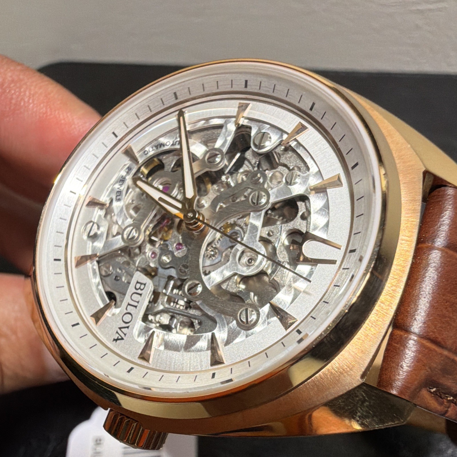 Bulova 97A175 Automatic Skeleton Dial Gold Tone Case 41mm Brown Leather 30m