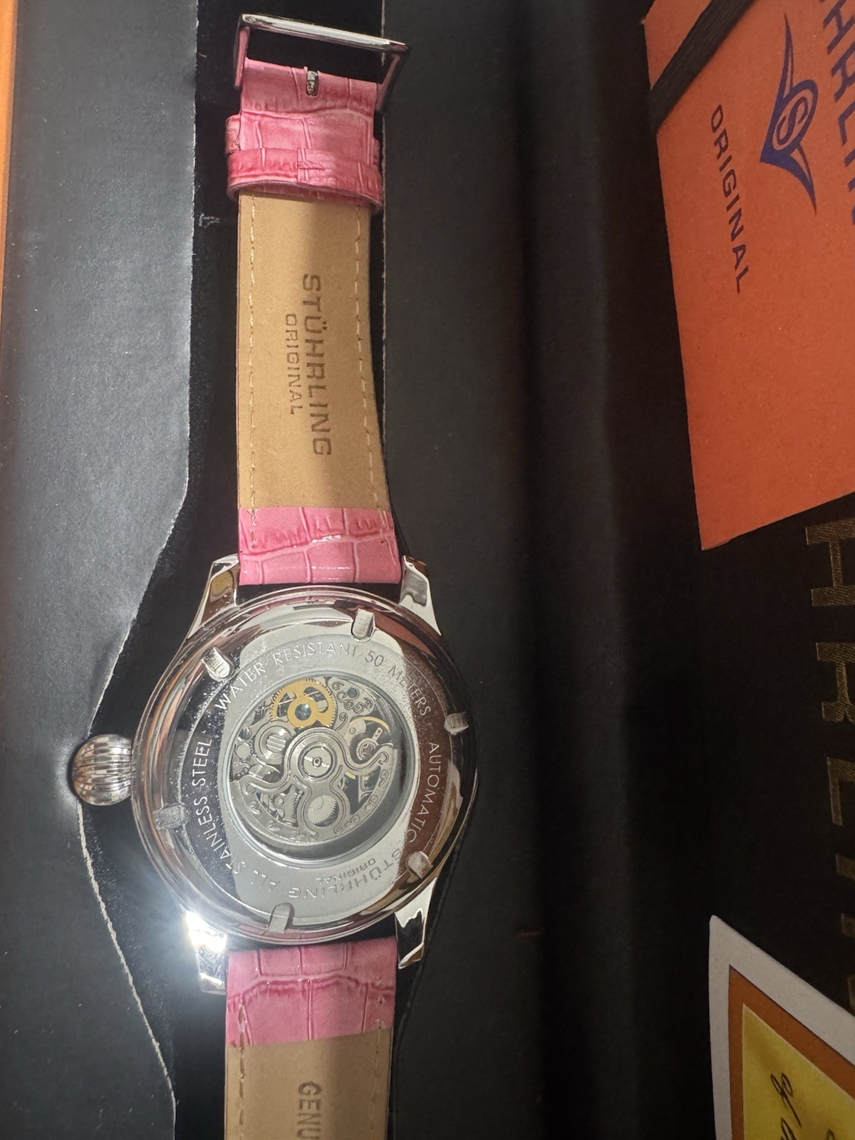 Stührling Original Women’s Automatic Skeleton Watch Pink Leather Strap 50m