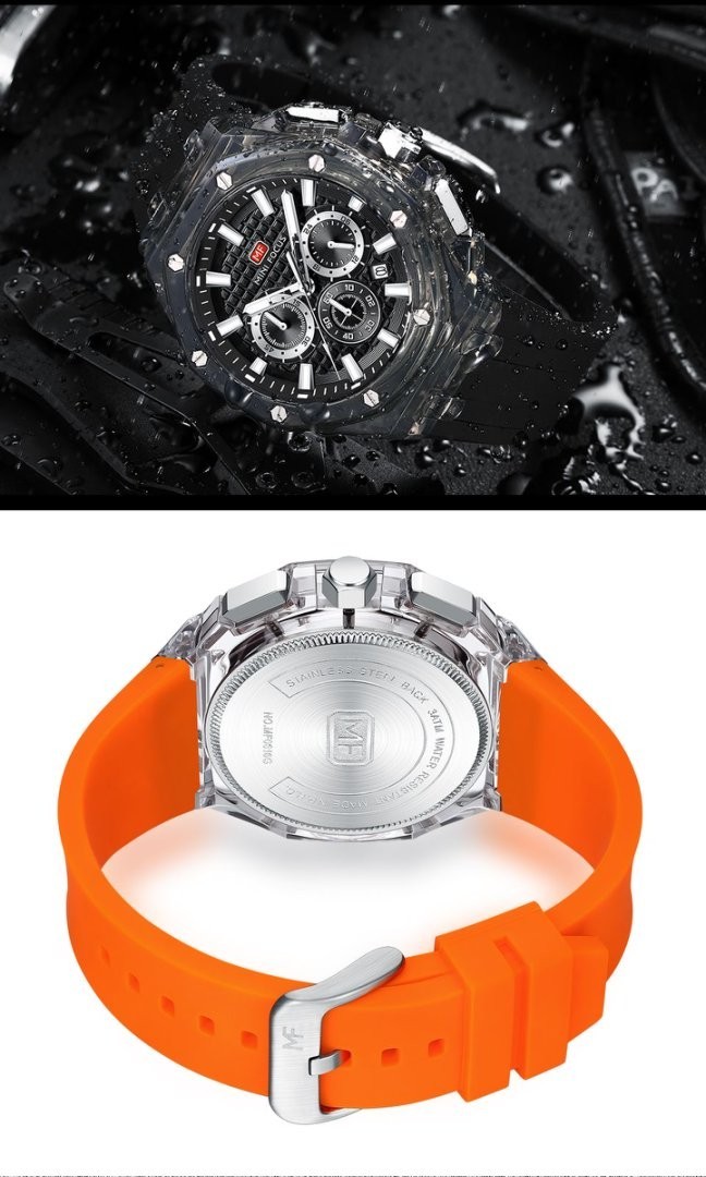 MINI FOCUS Men Transparent Case Multifunction Chronograph Calendar Quartz Watch