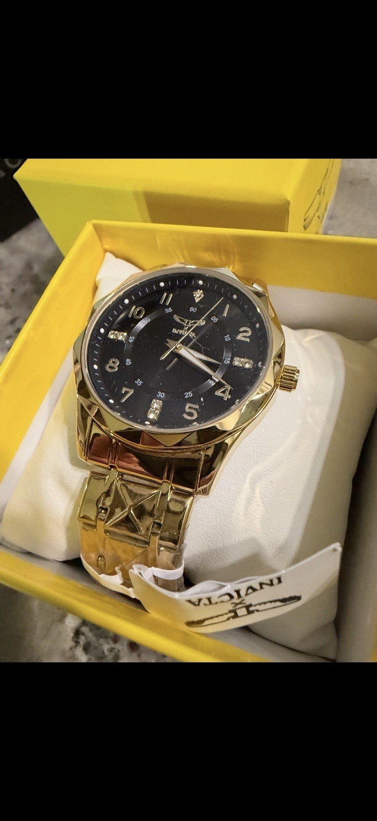Invicta Men’s Analog Gold Tone Metal Bracelet Watch Black Dial Gem Markers Box