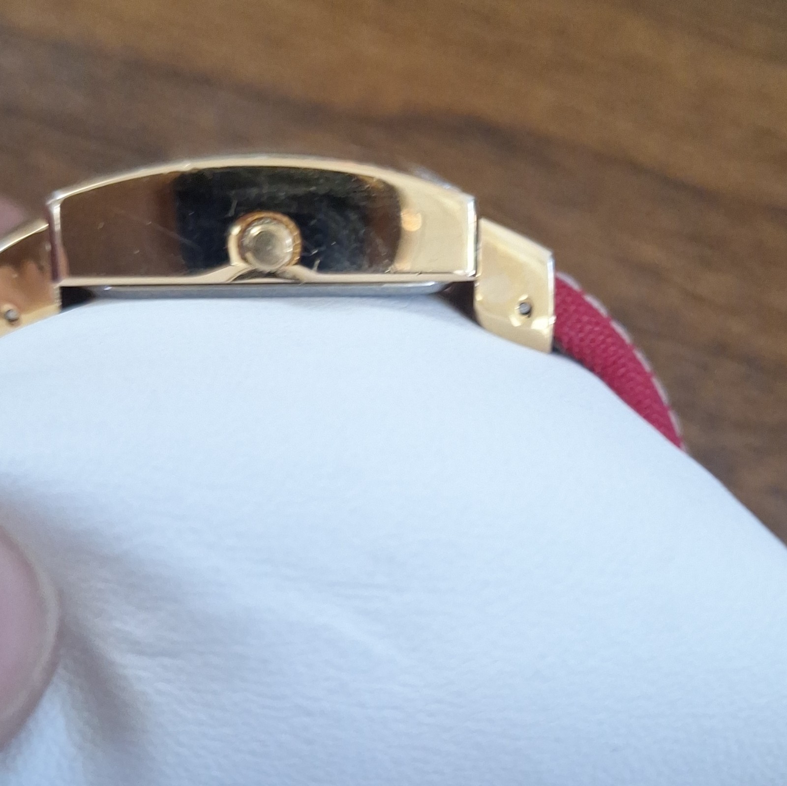 Joan Rivers Classics Quartz Square Gold Tone Watch Red Roman Dial Crystal Bezel