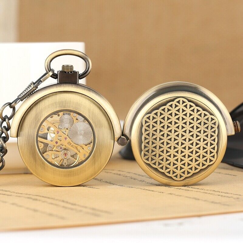 Bronze Vintage Style Men Skeleton Hand Winding Mechanical Pocket Watch FOB Chain