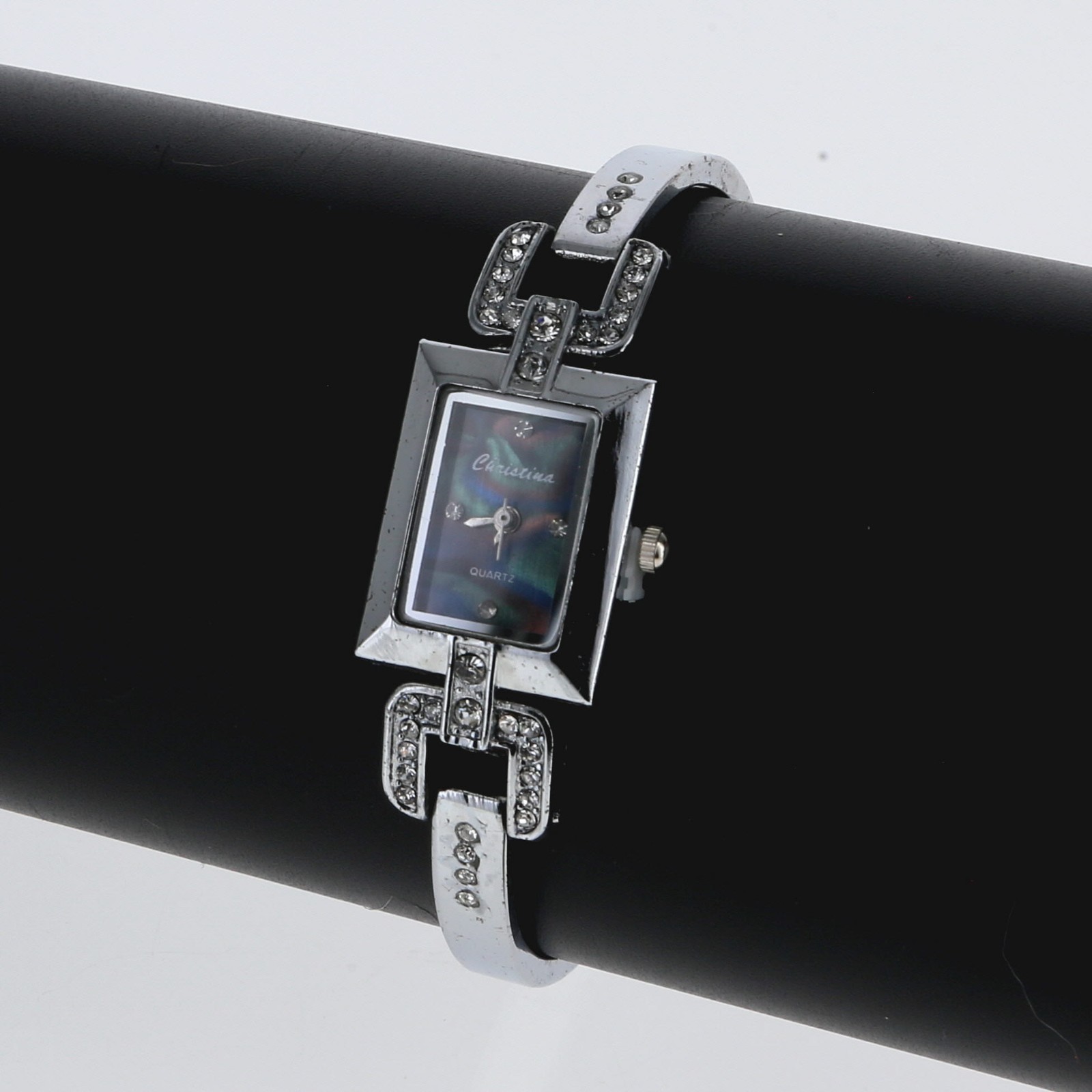 Silver Rhinestone Crystal Bracelet Watch 19mm x 24.3mm Blue Mother of Pearl Dial