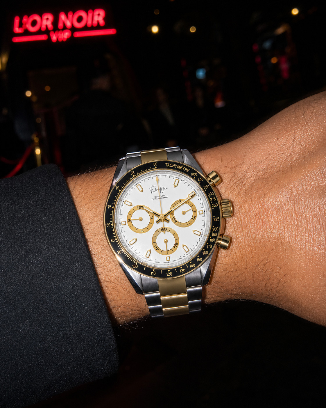 Élan Noir Chronograph Watch VK63 White Dial Two Tone Sapphire Crystal Steel 40mm