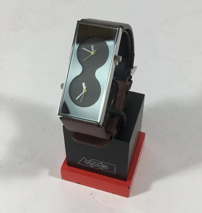 Vintage ACME Studio “Bi Brown” Dual-Time Quartz Watch w/ Stand by KARIM RASHID