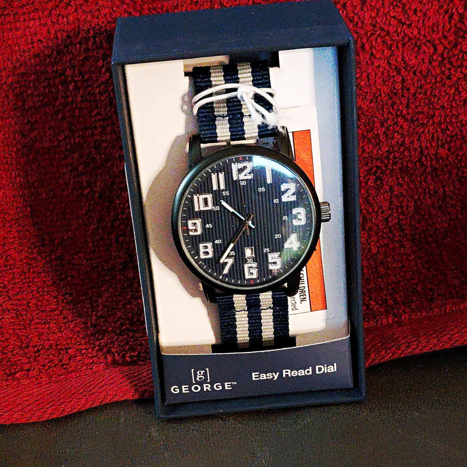 GEORGE Easy Read Dial Quartz Analog Watch Black Dial Blue/White Fabric Strap Box