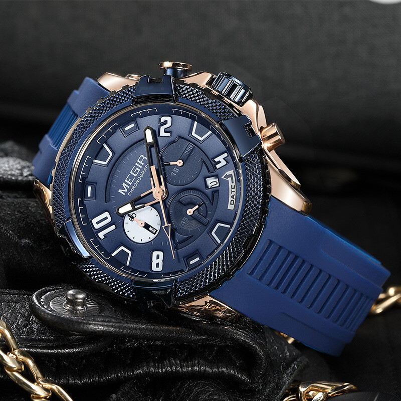 MEGIR Watch Men Waterproof Chronograph Calendar Military Male Rubber Wristwatch