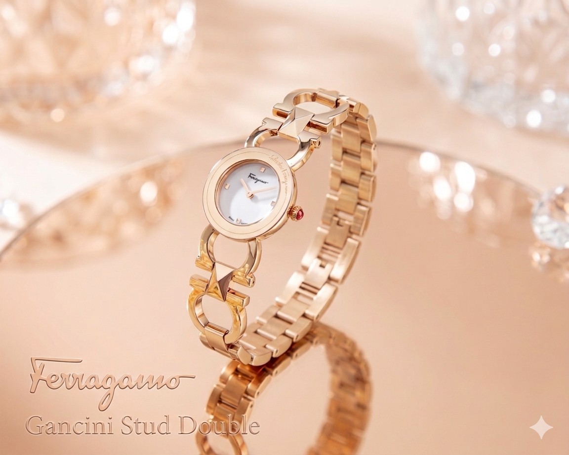 Brand New Ferragamo Double Gancini Stud IPRG Women’s Bracelet Watch- SFMI00322