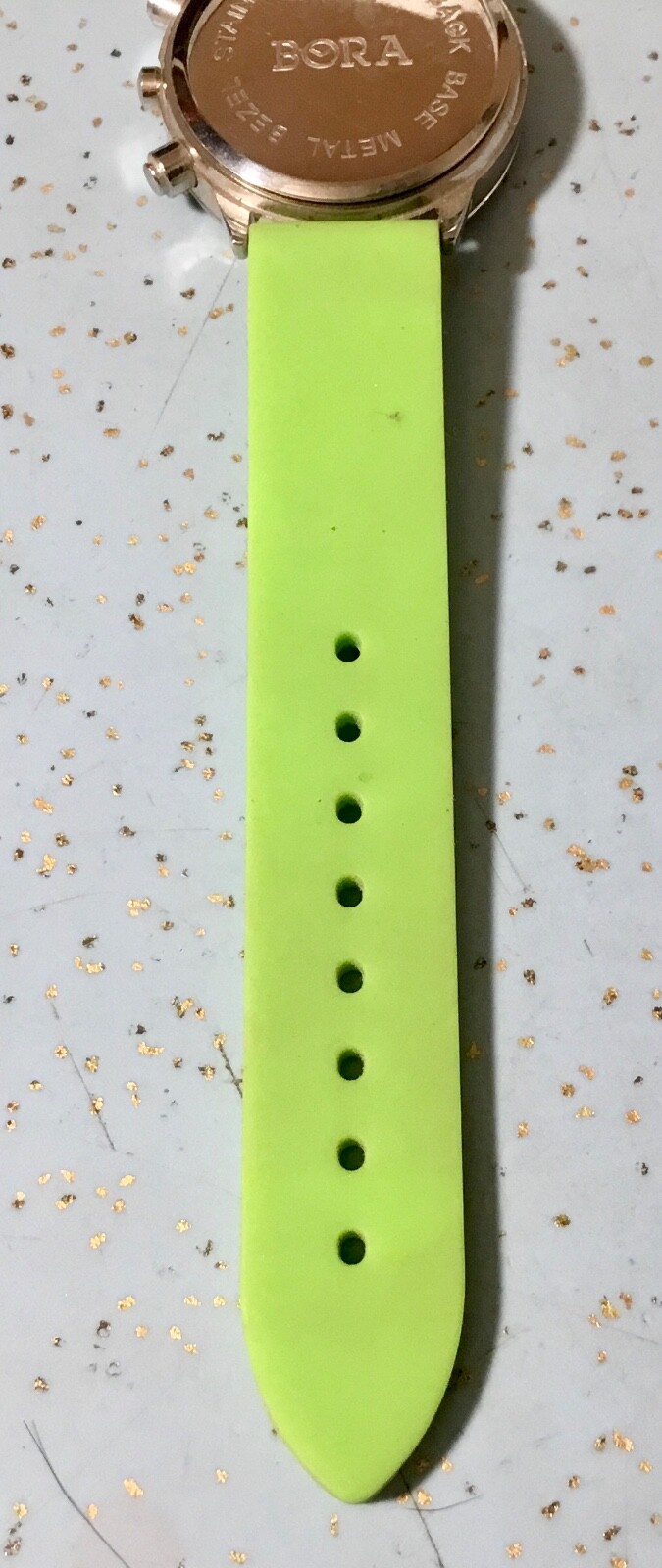 BORA SILVERTONE WATCH w/3 FAUX DIALS & LIME GREEN RUBBER BAND WRIST UP TO 7-1/4″