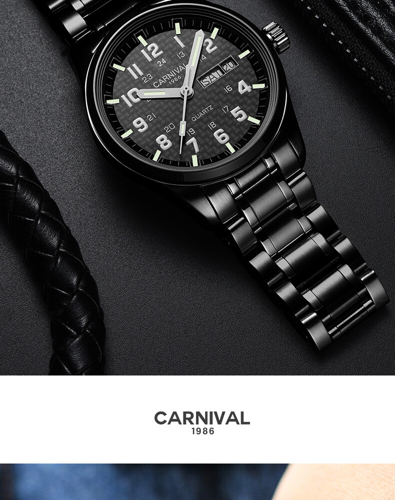 CARNIVAL Luxury Men’s Quartz Watch Luminous 3Bar Waterproof Stainless Steel
