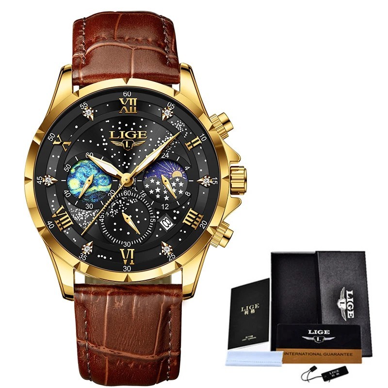 LIGE Luxury Quartz Men’s Watch Leather Strap Date Waterproof Luminous Wristwatch