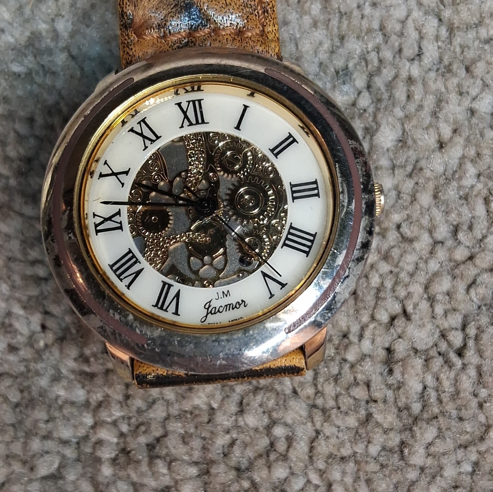 Jacmor J.M. Quartz Analog Skeleton Roman Dial Brown Leather Strap Watch