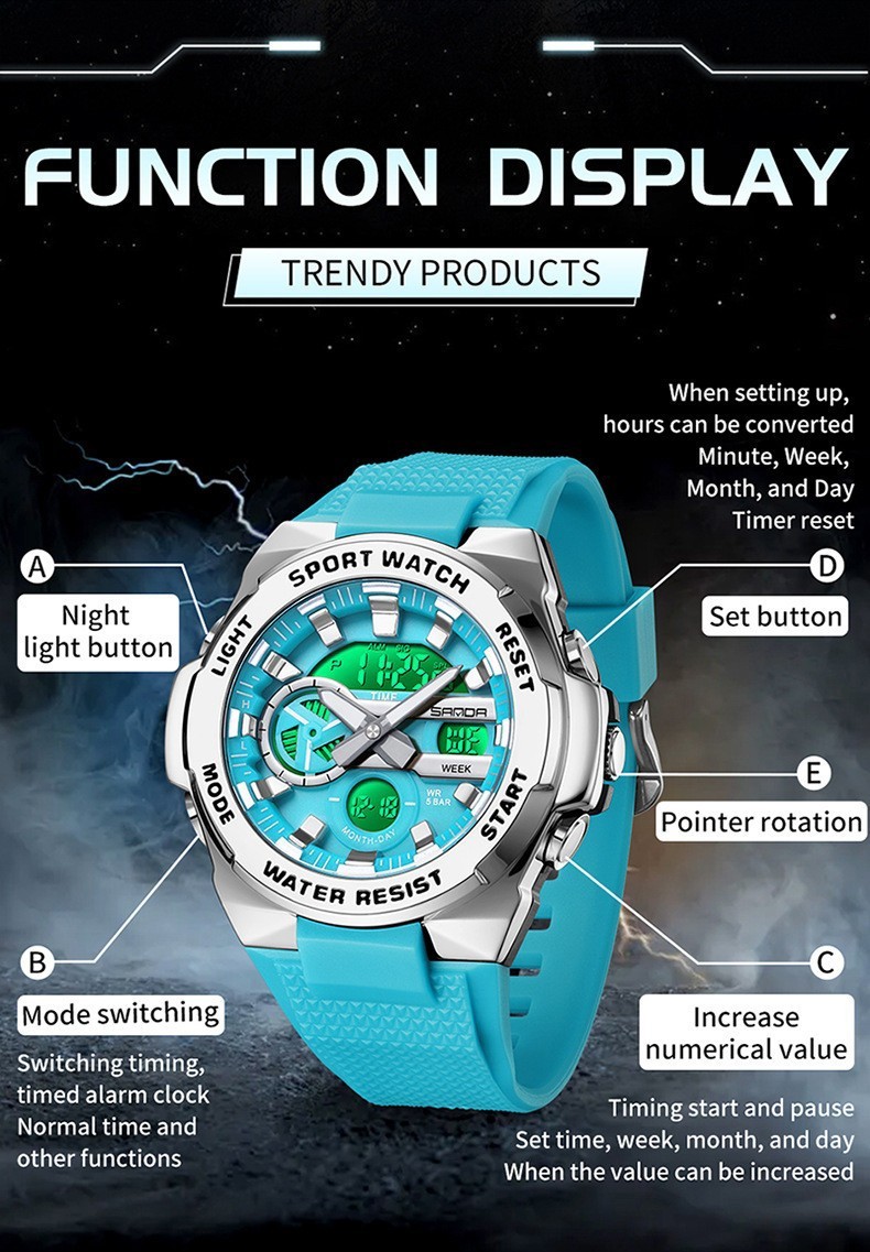 Dual display dial multifunctional sports style luminous quartz waterproof watch