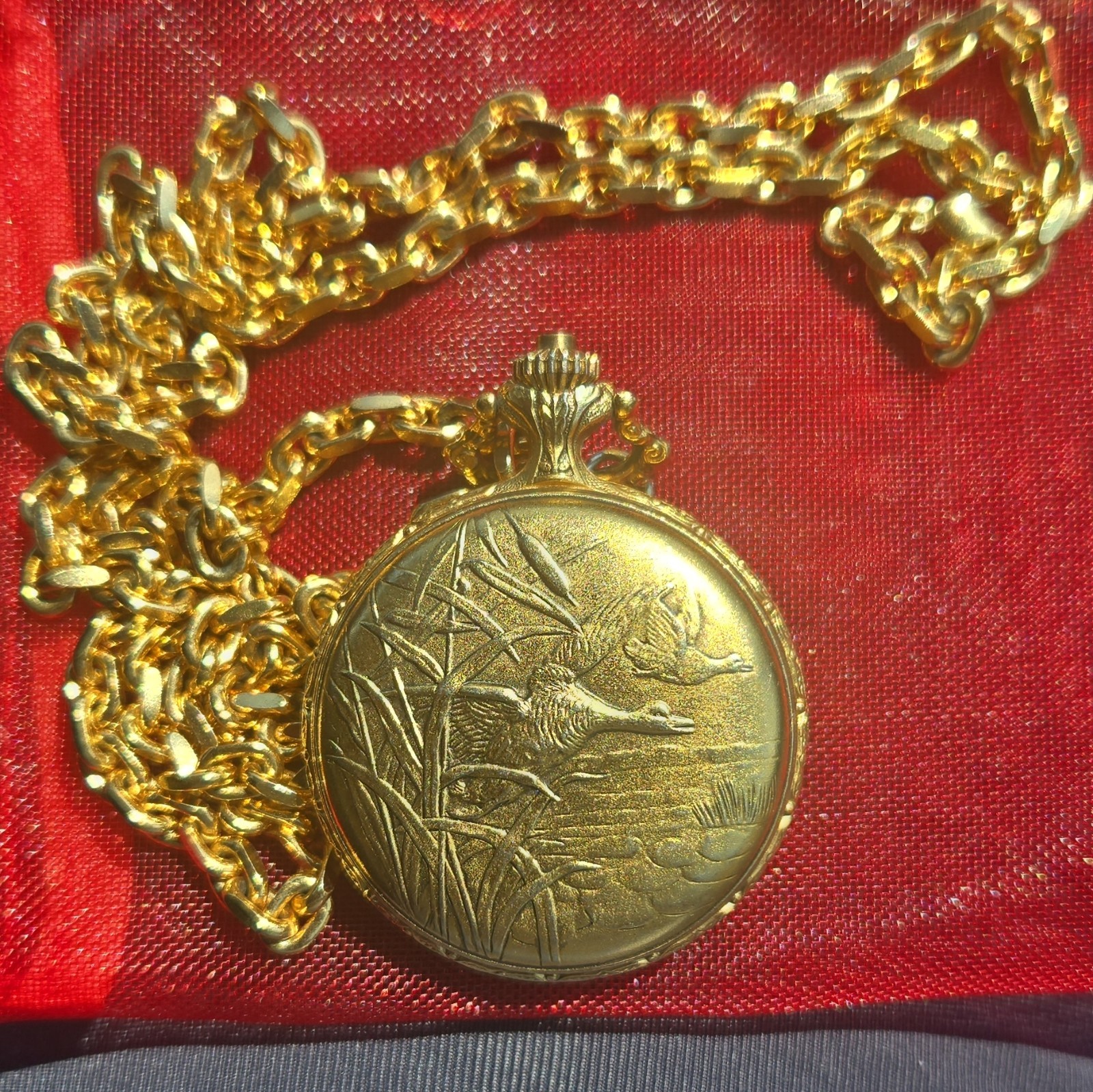 JCPenney Pocket Watch Gold Plated Full Hunter Quartz w/ Chain Duck Scene