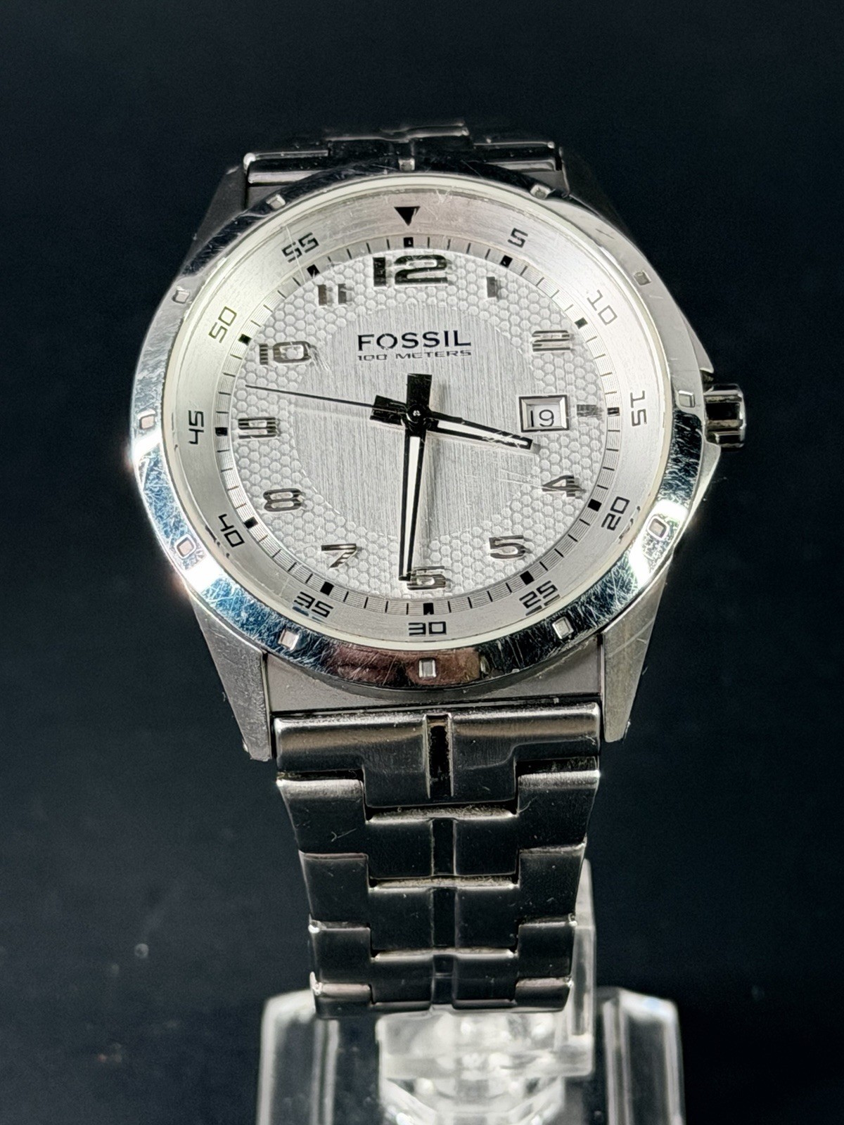 Fossil Blue AM4102 Silver Case 40mm NEW BATTERY Silver Dial With Date & Bracelet