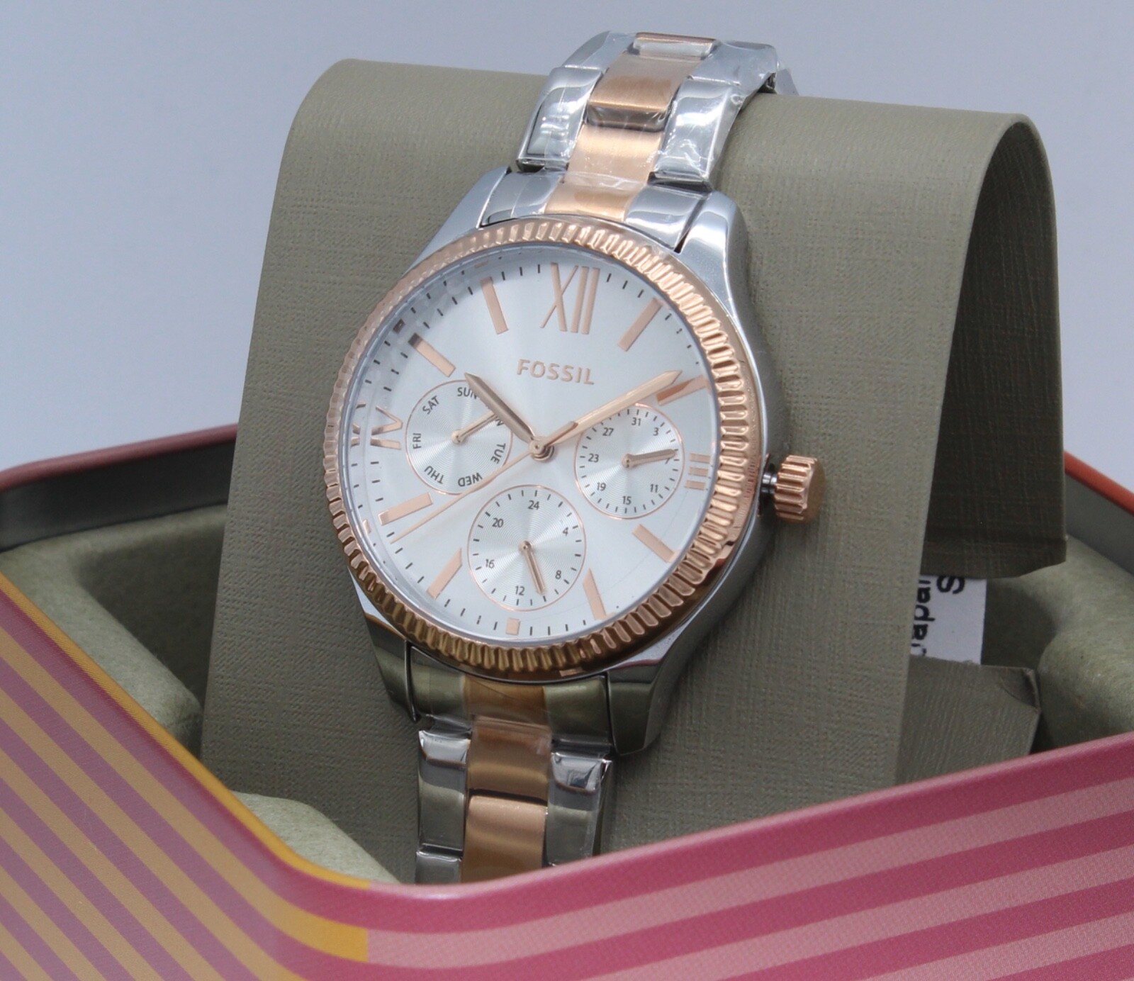 NEW AUTHENTIC FOSSIL RYE MULTIFUNCTION SILVER ROSE GOLD WOMEN’S BQ3761 WATCH