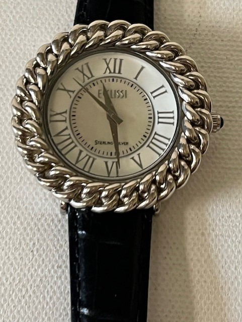 Ecclissi Sterling Silver Watch with Black Leather Band Mother of Pearl Face