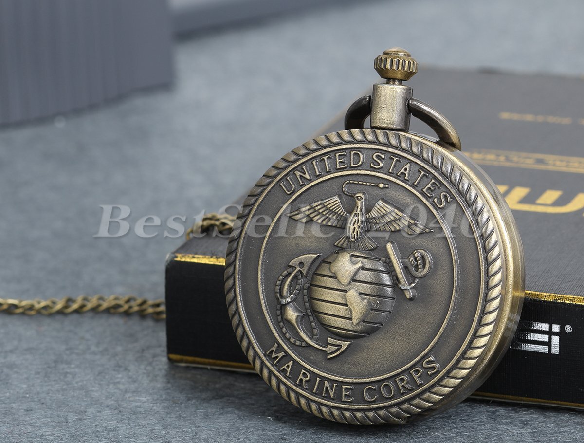 Bronze United States Marine Case Pocket Watch Quartz Analog Chain Necklace Retro