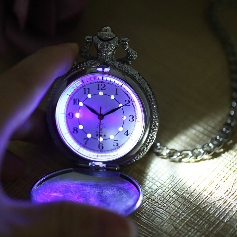 Creative LED Light Arabic Numerals Display Steampunk Train Quartz Pocket Watch