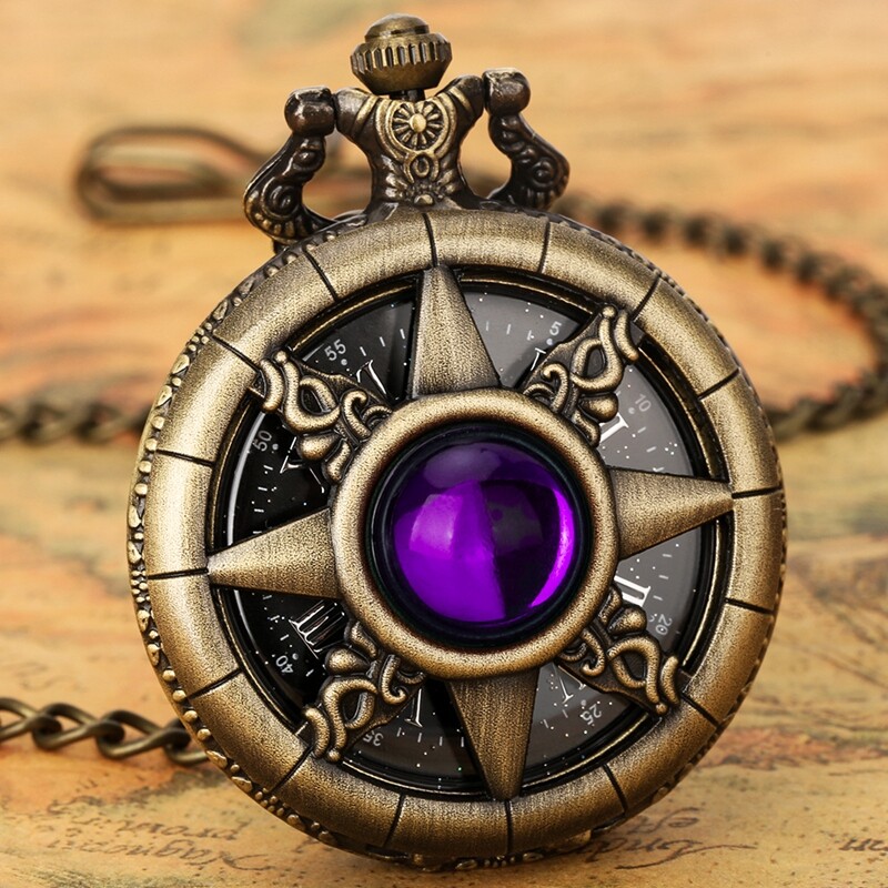 Steampunk Bronze Quartz Pocket Watch with Stone Decoration Chain Women Men Gifts